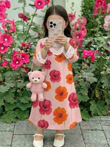 SHEIN DRMZ Young Girl Flamingo Print Long Sleeve Dress,Pink Autumn Holiday Party Arabian Robe,Elegant Floral Collar Kaftan Jalabiya Pakistani Kids Clothes - Multicolor - View 2