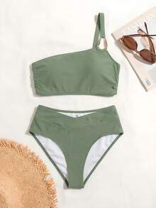 Swim Vcay Bộ bikini nữ màu xanh ô liu mới năm 2026, kiểu dáng lệch vai, dây đeo không đối xứng với vòng vàng trang trí, áo ngực và quần cạp cao, gồm hai mảnh, thích hợp cho mùa hè, đi biển. - xanh quân đội - Xem 3