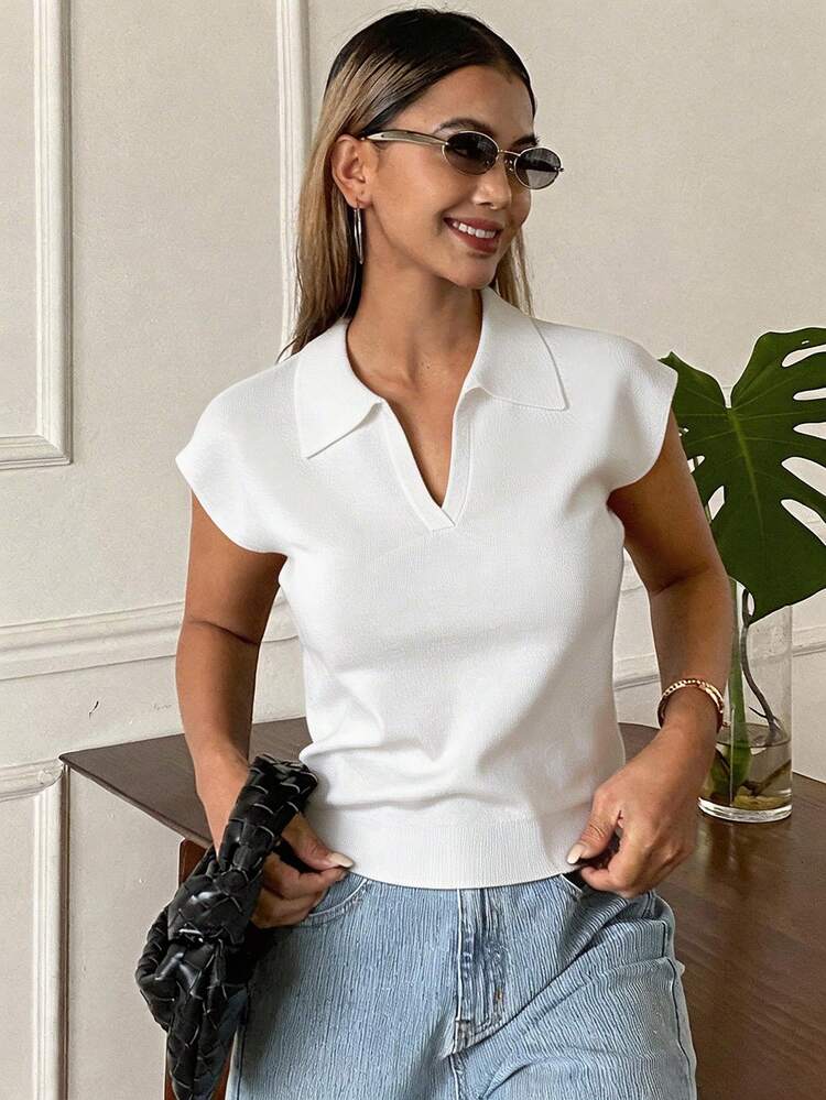 Women's Solid Color Fitted Polo Collar Elegant Formal Spring/Autumn Knit Top Summer