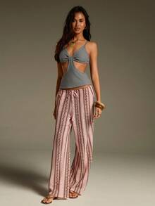 Athîral Women's Casual Vacation Pink Crochet-Look Wide Leg Pants, Spring/Summer - Pink - View 6