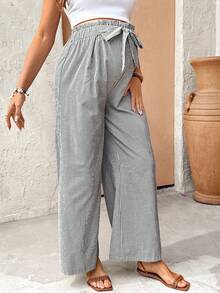 SHEIN 孕妇条纹系带阔腿宽松休闲裤 - 黑色 - 查看 5