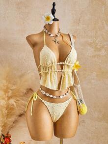 Shapewave 2026 Spring/Summer Beach Vacation Yellow Textured Fabric Halter Tankini Swimsuit Set - Yellow - View 4