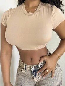 Alexandranx Casual Khaki Round Neck Short Sleeve Fitted Cropped Women T-Shirt, Suitable For Summer Suitable For Going Out - Khaki - View 6