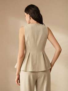 2026 Camiseta de mujer de moda elegante con bordado en la cintura, corte evasé y bajo asimétrico - Caqui - Ver 9