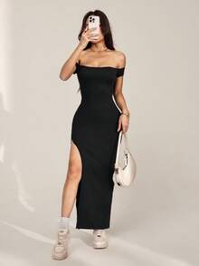 SHEIN PETITE Đầm nữ màu trơn trễ vai xẻ cao, thích hợp cho mùa hè, đầm hè cho nữ. - màu đen - Xem 5