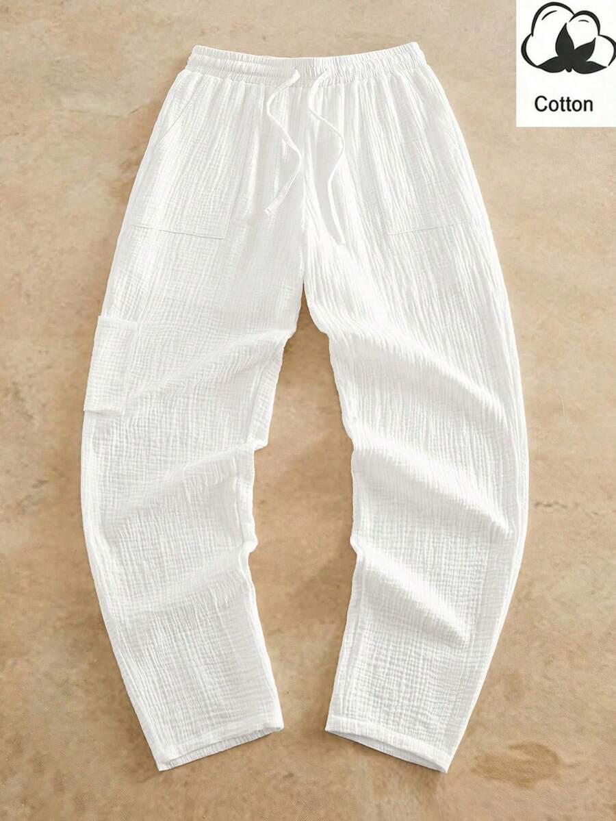Mainfolk Men's All White Casual Crinkle Gauze Elastic Waist Pants,Autumn Vacation Relaxed Fit Tapered Trousers,Lightweight Beach Wedding Yoga Bottoms