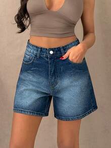 Quần short denim cạp cao, màu xanh nhạt, kiểu dáng thường ngày, cài cúc phía trước. - Rửa trung bình - Xem 4