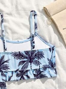 Young Girls 3-Piece Bikini Set, Blue Coconut Tree Print Knit Fabric, Spaghetti Strap, Ruffled Hem Bottoms, Mesh Flared Pants, Fashionable Casual Elegant Swimwear Suitable For Swimming, Summer Vacation, Beach, Pool Party - Blue - View 4