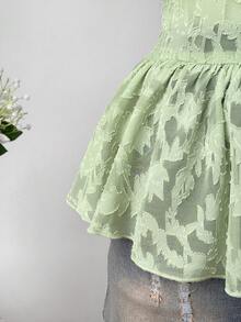 Flirla Blusa de mujer talla grande con mangas abullonadas de jacquard, bajo con volantes, estilo romántico de vacaciones y campo, primavera/verano - Verde - Ver 5
