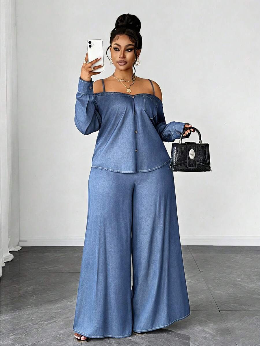 Maweii Plus Size Casual Commuter Off-Shoulder Camisole Top And Wide Leg Pants 2 Pieces Set Fall - Baby Blue - View 1