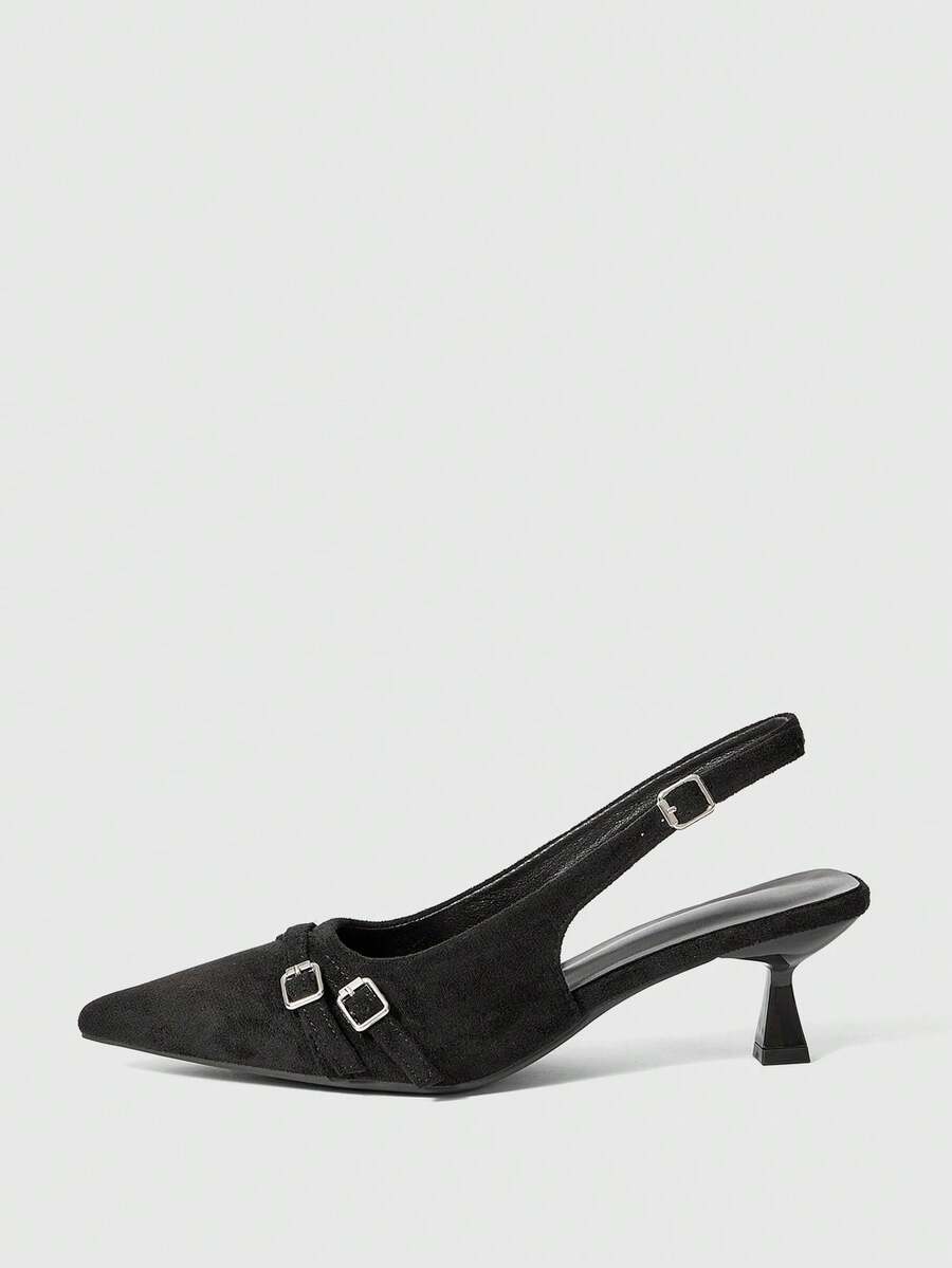 Sleekvia Ladies Pointed Sexy Rear Lift With Suede Buckle Low Vamp Commuting Slip-On Fashionable Sexy Women's Shoes - Flannel black - View 1