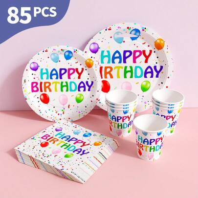 Bộ đồ dùng dùng một lần in hình bóng bay màu trắng chủ đề Chúc mừng sinh nhật, gồm đĩa, khăn ăn và cốc, phục vụ 20 người. Bộ đồ dùng tiệc dùng một lần này (bao gồm đĩa, khăn ăn và cốc) rất phù hợp cho các bữa tiệc sinh nhật, đám cưới và dã ngoại gia đình.