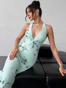 Firerie 女士优雅浪漫约会之夜派对生日聚会假日度假婚礼宾客圣帕特里克节V领露背印花修身A字长裙，绿色 - 綠色 - 查看 9