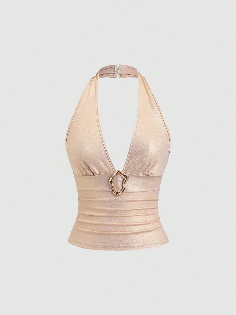 Sweetra Áo hai dây co giãn bằng vải thun, khóa kim loại sáng bóng, cổ chữ V hở lưng, kiểu dáng ôm sát cơ thể, thích hợp cho tiệc tùng, phong cách đường phố Y2K, màu nâu cà phê. - Màu be - Xem 1