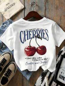 EMERY ROSE Áo thun nữ cổ tròn in hình quả anh đào "My Friend Is My Cherry" - trắng - Xem 2
