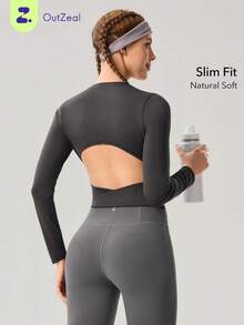 OutZeal 女士运动T恤 日常休闲速干弹力露背镂空设计圆领修身运动上衣 - 灰色 - 查看 1