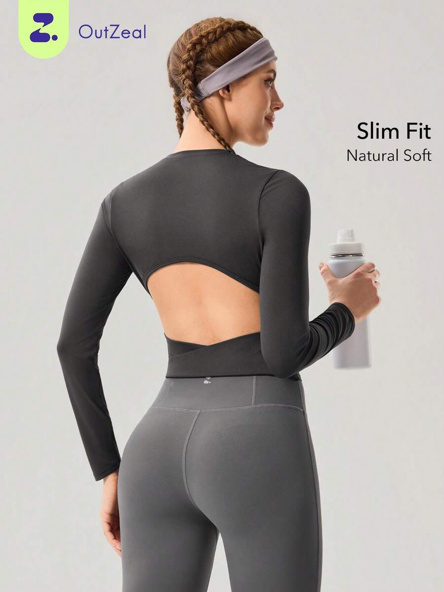 OutZeal 女士运动T恤 日常休闲速干弹力露背镂空设计圆领修身运动上衣 - 灰色 - 查看 1