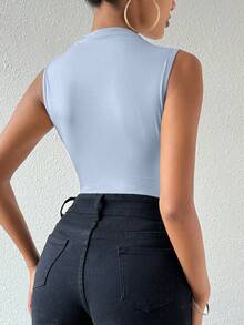 SHEIN VaVaLuxe Tight Pleated Solid Stand Collar Sleeveless Bodysuit - Blue - View 2