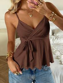 CovetEZ 女士春夏新品 - 甜美休闲咖啡色清新少女侧系荷叶边吊带背心 - 咖啡棕 - 查看 3