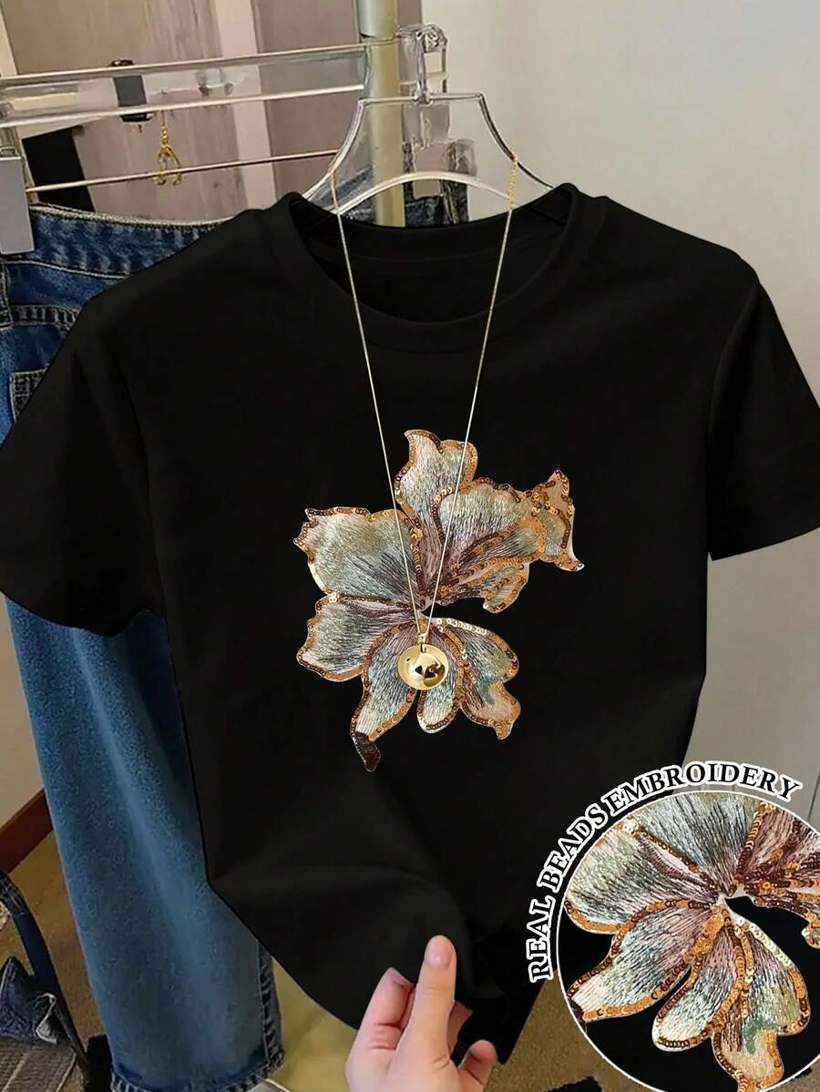 Resyla Women's Standard Size Floral Sequin Round Neck Short Sleeve Casual T-Shirt Raglan Sleeve Golf Pastal Summer - Black - View 1