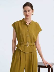 Aalyst 女士短袖系带上衣+宽松阔腿裤休闲两件套 - 黃色 - 查看 8