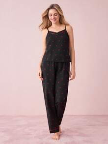 Bonmuse Cherry Print Cami Top And Pants Women Summer Sleepwear Pajama Set - Black - View 3
