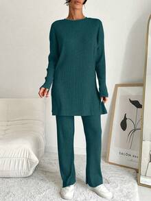 Cottnline 100%Cotton Women's Solid Color Striped Round Neck Top And Pants Two Piece Set - Mint Green - View 4
