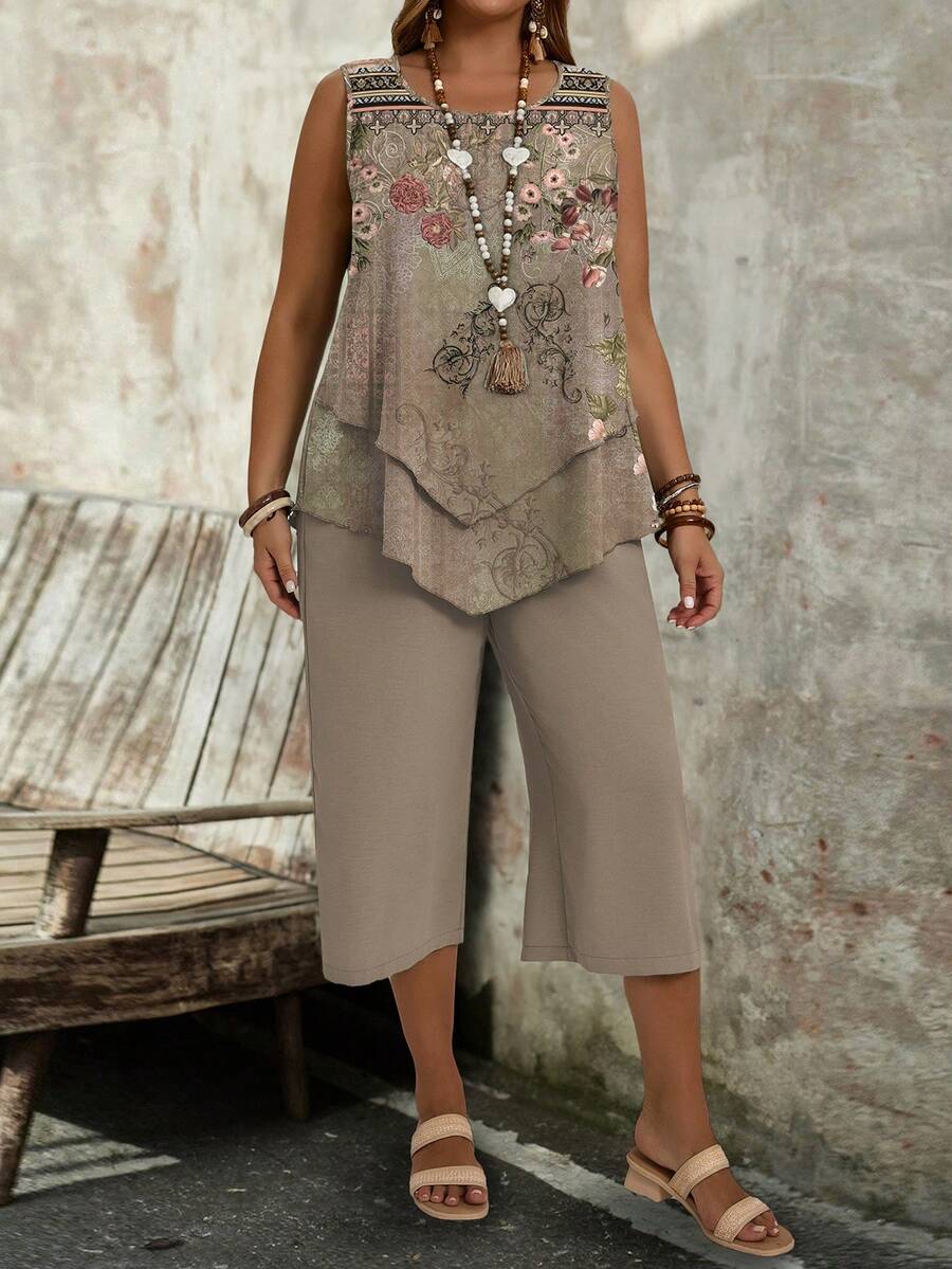 EMERY ROSE Conjunto informal de 2 piezas con chaleco de cuello redondo con estampado floral retro y pantalones holgados 7/8, talla grande, apto para el verano - Multicolor - Ver 1