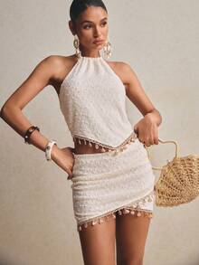 Poéselle 度假海滩吊坠装饰露背吊带上衣和裙子套装 - 杏色 - 查看 3