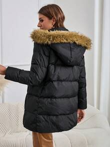 SHEIN LUNE 女士服装 女士连帽毛领纯色拉链连帽加厚冬季羽绒羽毛大衣 - 黑色 - 查看 4