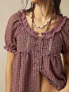 Bohemela 女士休闲格纹花瓣袖V领宽松衬衫 - 彩色 - 查看 4