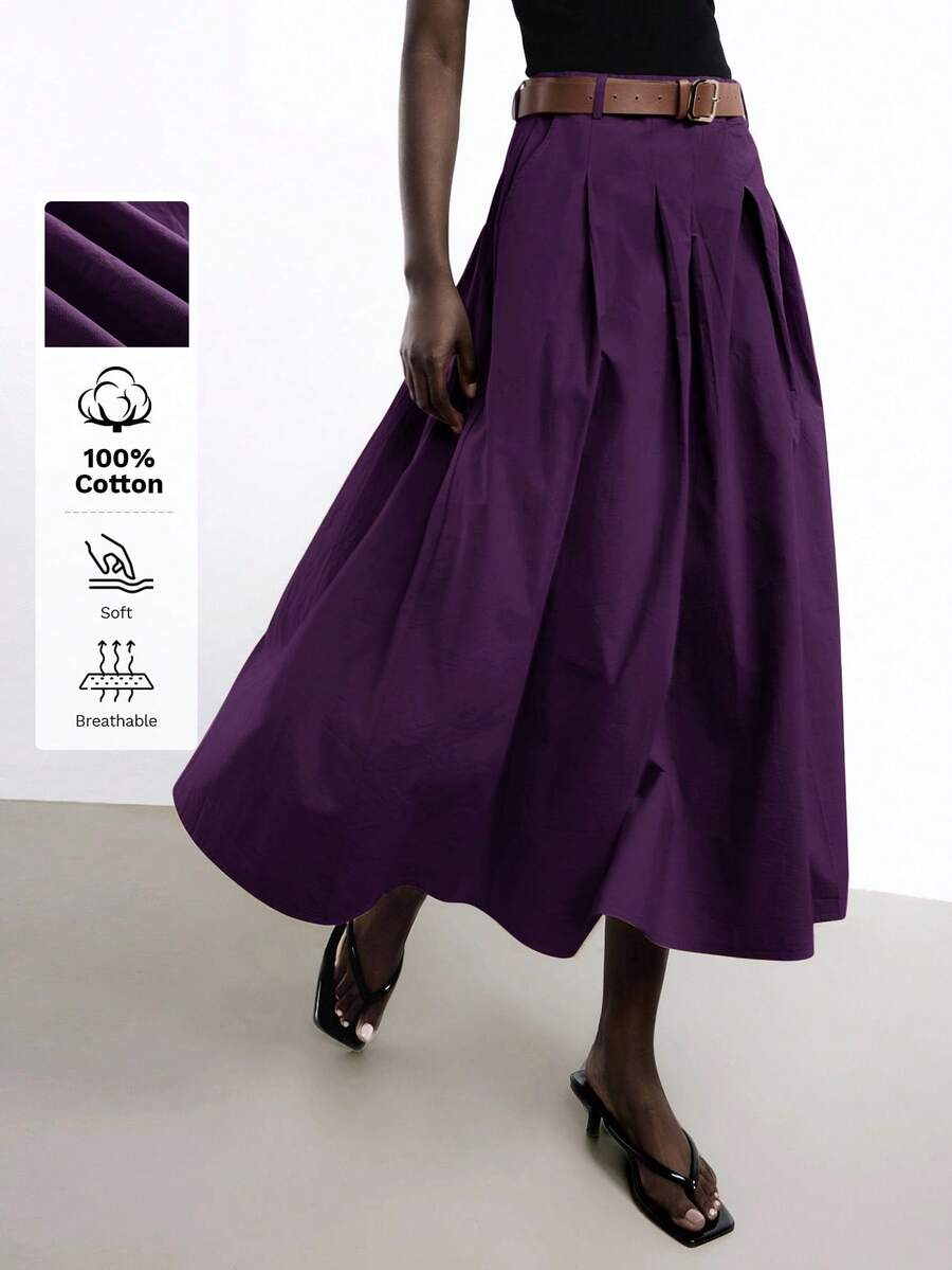 Maija Chân váy nữ màu tím xếp ly, thiết kế túi bên hông, chất liệu da PU, có thể tháo rời, kèm thắt lưng kim loại, kiểu dáng thanh lịch cho công sở.