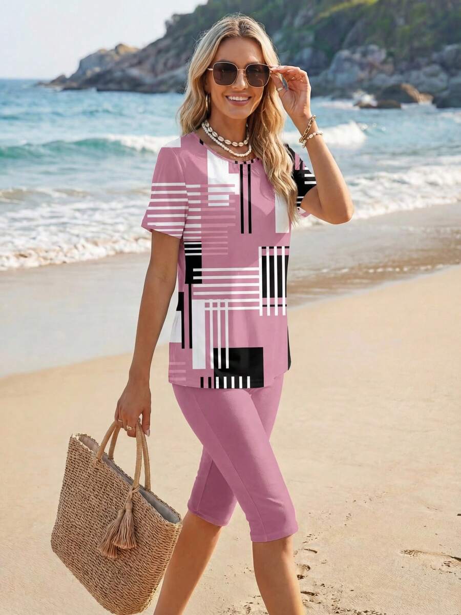 EMERY ROSE 2pcs Women's Simple Color Block Pattern Casual Set, Suitable For Summer Suitable For Going Out,Casual - Multicolor - View 1