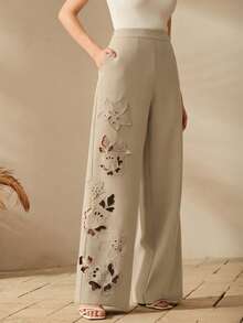 Anewsta Women's Elegant Elastic Waist Embroidered Hollow Out Embroidered Patch Straight Leg Pants, Suitable For Formal Occasions - Apricot - View 7
