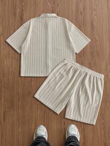 Manfinity Unisex 男士夏季休闲度假条纹前开襟短袖衬衫和短裤套装 - 卡其色 - 查看 7