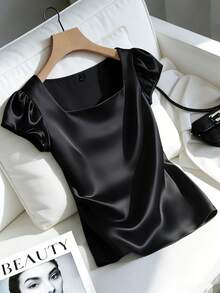 GlowEve 女士优雅法式方领花瓣袖褶皱光泽缎面修身休闲衬衫，适合通勤、日常穿着、聚会和派对，春夏款 - 黑色 - 查看 1