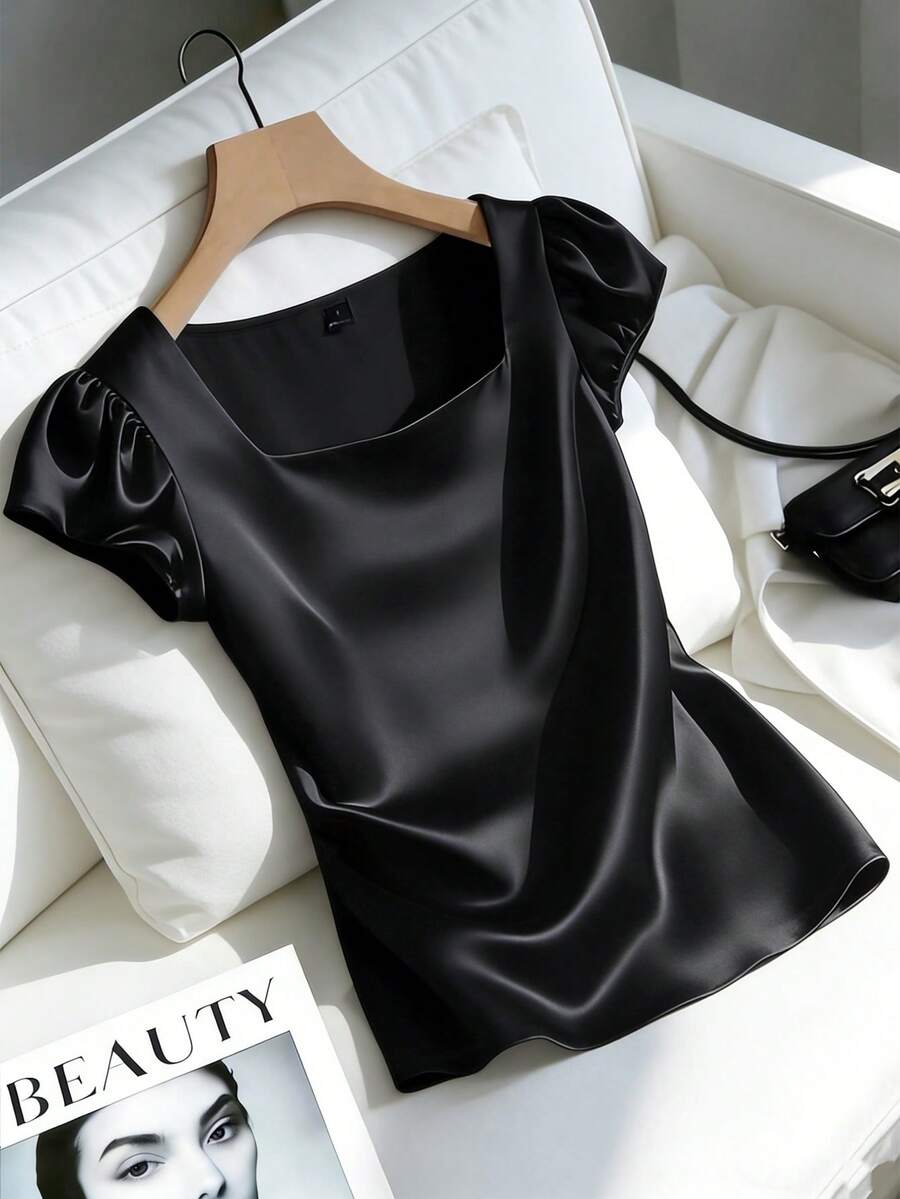 GlowEve 女士优雅法式方领花瓣袖褶皱光泽缎面修身休闲衬衫，适合通勤、日常穿着、聚会和派对，春夏款 - 黑色 - 查看 1