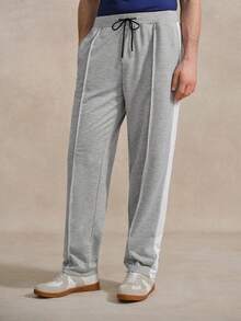 Courvante 男士抽绳腰带拼接侧缝运动裤灰色慢跑裤男士长裤男士健身裤男士阔腿侧条纹灰色运动裤网球学院风，父亲节礼物 - 灰色 - 查看 1