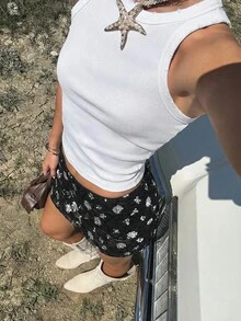 SHEIN EZwear 女款串珠迷你裙，休閒度假編織夏季可愛短裙，花朵派對女裝配件裙褲 - 黑色 - 查看 4