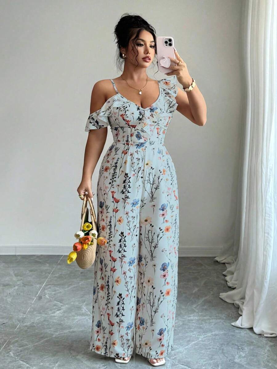 Selianne Women's Plus Size Floral Print Off-Shoulder Ruffle Jumpsuit,Light Blue Summer Boho Tea Party Wide Leg Spaghetti Strap Casual Romper Outfit - Blue - View 1