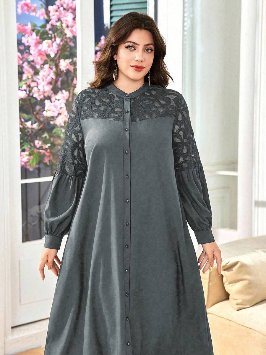 SHEIN Lacomfia 女士衬衫裙，立领长袖，刺绣镂空蕾丝拼接，宽松舒适优雅日常百搭大码阿拉伯风格 - 灰色 - 查看 1