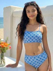 SHEIN 少女蓝色抹胸比基尼套装，碎花印花，度假沙滩泳装 - 藍色 - 查看 3
