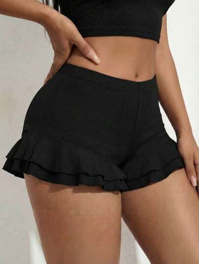 SHEIN SXY Pantalones cortos de mujer de unicolor casual con volantes en el bajo, ideales para verano, carnaval, fiesta, rave, primavera, Día de San Valentín, playa, salir, vacaciones, Y2K, negro, sexy