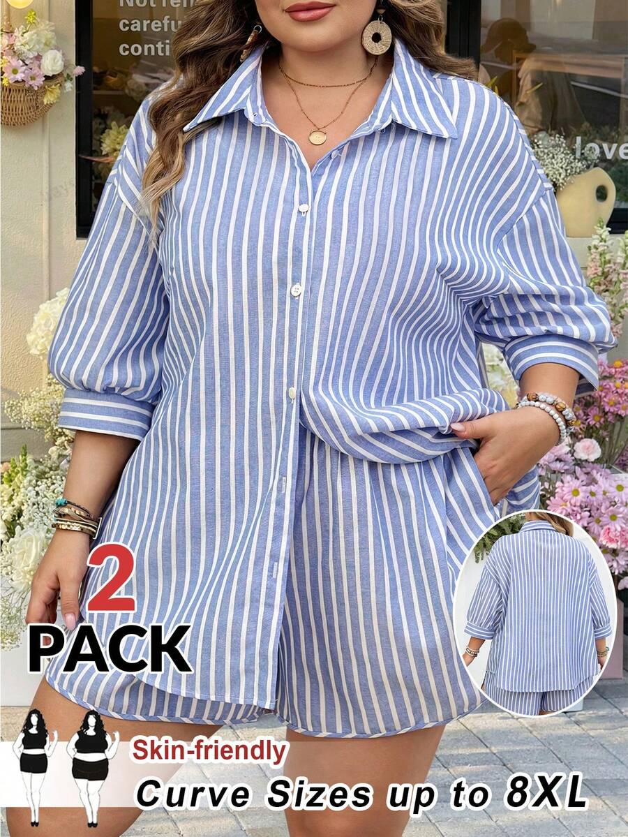 SHEIN CURVE+ Curve 尺码 US22 音乐节、海滨度假、波西米亚风女士夏季休闲两件套，法式亚麻质感，包含宽松条纹衬衫和短裤，适合夏季度假，舒适百搭，波西米亚风格，也适合孕妇、海滩、泳衣罩衫、优雅教师装。