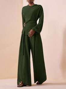 Zivah 2025秋季新音乐节、西式风格、游牧风格、生日派对、毕业季、学院风、学生装、日常出行、百搭基础款、休闲、度假、邮轮旅行、海滩、日光浴、爆款、街头风、万圣节服装、婚礼宾客波西米亚风、通勤、早午餐装、商务休闲女装、机场装、派对、假日出行、优雅宴会长袖上衣，肩部荷叶边设计，金属装饰，腰带，带口袋阔腿裤两件套棕色套装 - 軍綠色 - 查看 3