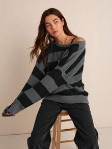 Easelle Áo len dài tay kẻ sọc dáng rộng thả vai cho nữ, mùa thu và đông, áo chui đầu thả vai nhiều màu dài tay rộng rãi cho nữ vào cuối thu, áo dài tay - Nhiều màu - Xem 5