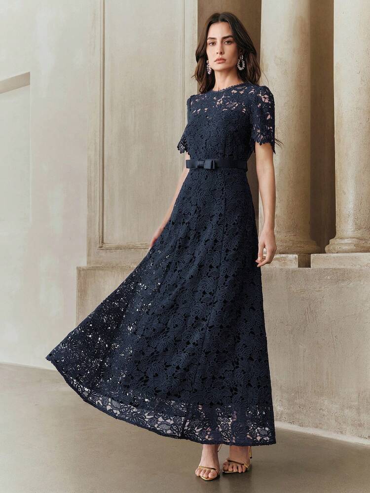 Anewsta Summer Vacation Water-Soluble Lace Romantic Light Dress, Round Neck Short Sleeve Romantic Bow Tie Waist Vacation Party Elegant Dress For Women