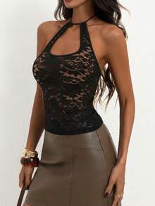 INAWLY Top sin espalda de encaje transparente con cuello halter de moda para mujer - Negro - Ver 5