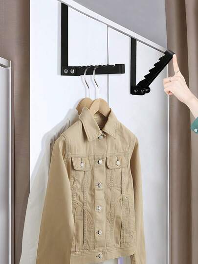 1Pc Over The Door Hooks Hanger Collapsible Folding Over The Door Organizer Rack Space Saving Hanging Storage Hanger For Clothes, Coats, Towels For Bedroom Bathroom Black