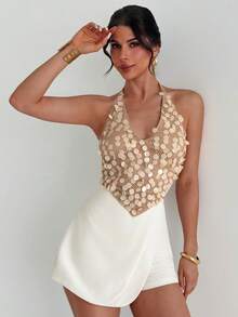 Firerie 女士优雅精致浪漫海滩度假音乐节派对生日婚礼宾客V领不规则下摆系带露背亮片卡其色上衣，春夏款 - 卡其色 - 查看 7